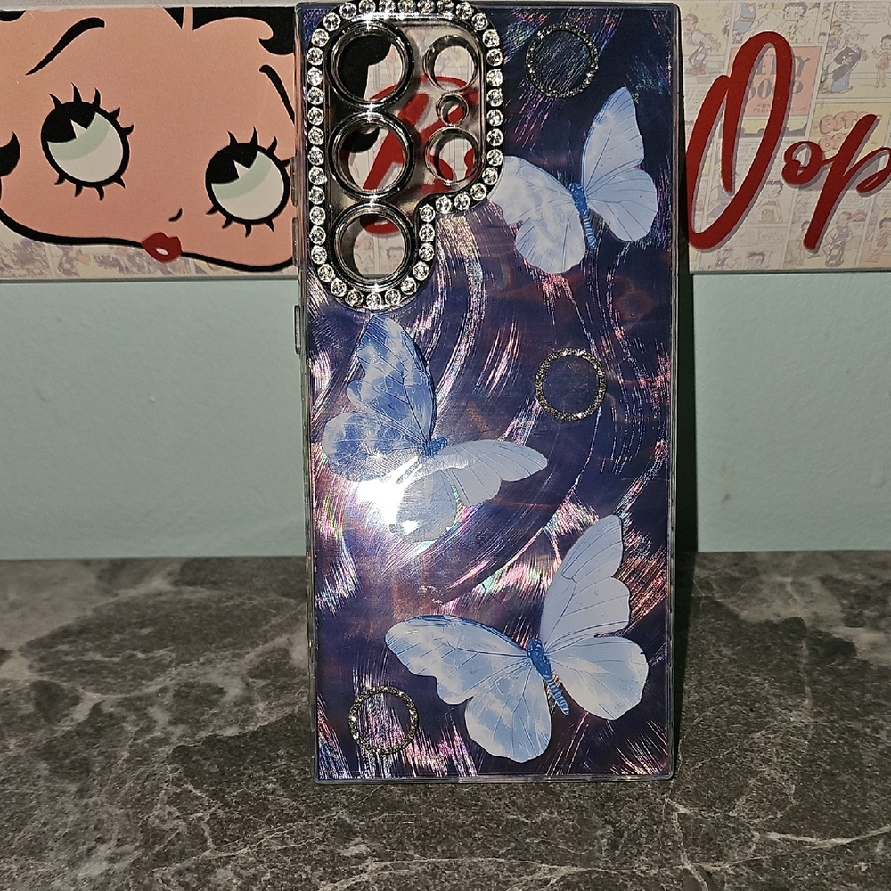 Samsung Galaxy S22 Ultra Case Blue Butterfly Rhinestone Bling Lens Guard